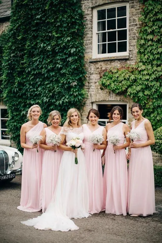 A Line Pink One Shoulder Chiffon Long Simple Bridesmaid Dresses, Wedding Party Dresses SWK15552