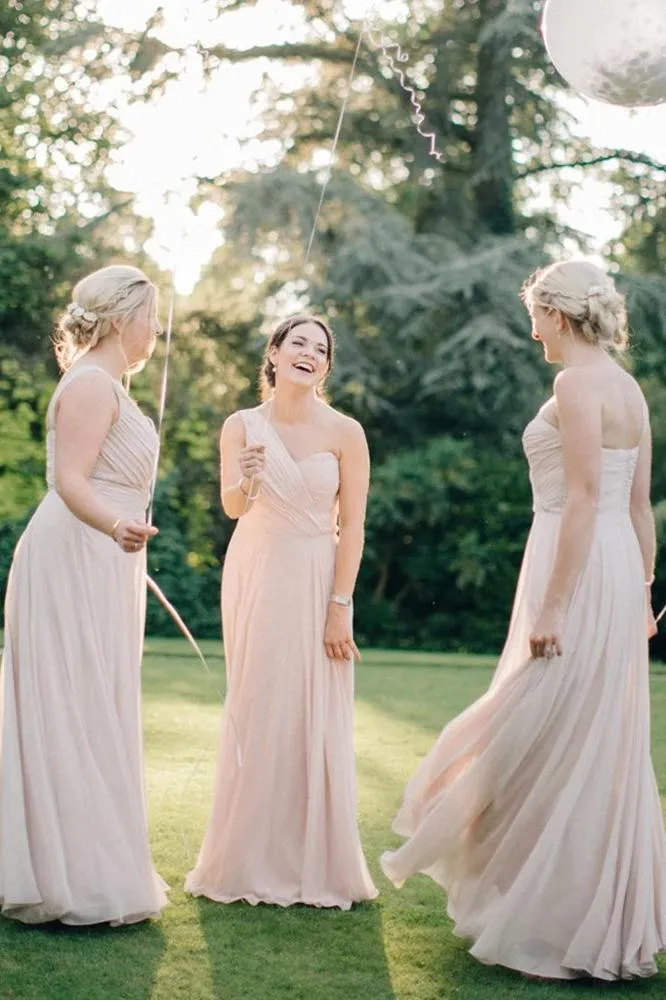 A Line Pink One Shoulder Chiffon Long Simple Bridesmaid Dresses, Wedding Party Dresses SWK15552