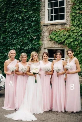 A Line Pink One Shoulder Chiffon Long Simple Bridesmaid Dresses, Wedding Party Dresses SWK15552