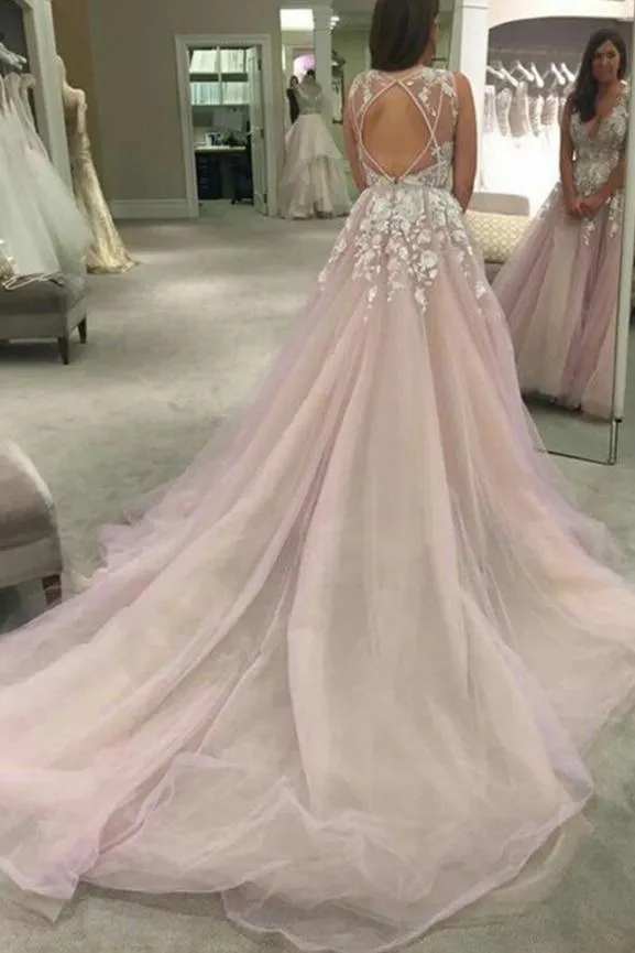 A-line V-neck Appliques Tulle Wedding Dress With Open Back PW296