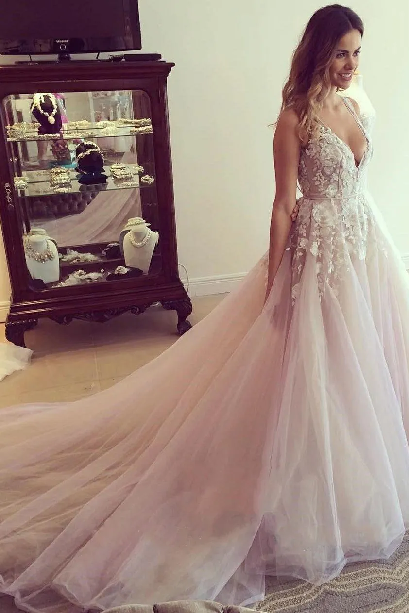 A-line V-neck Appliques Tulle Wedding Dress With Open Back PW296
