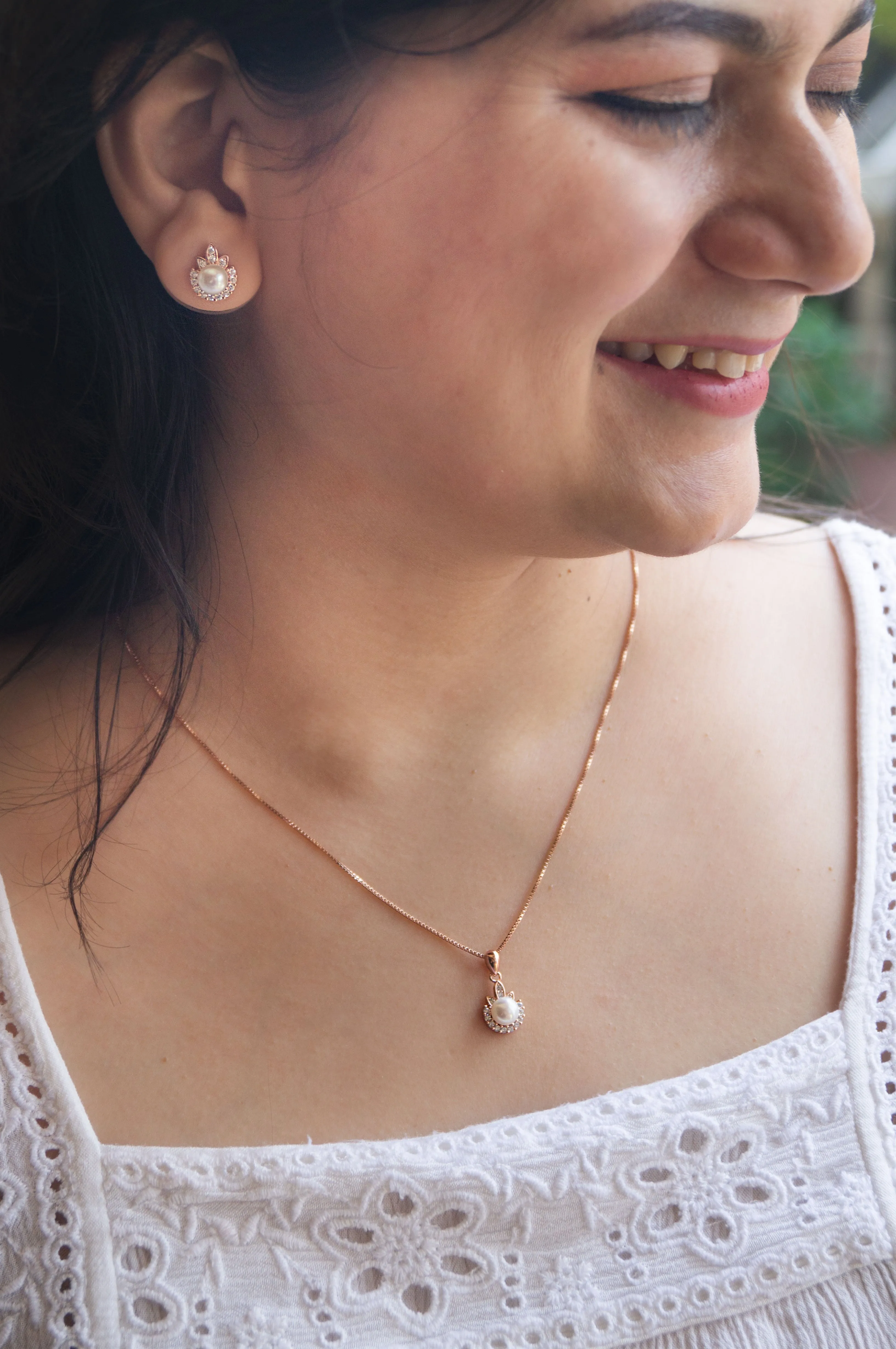 Pearly Dewdrop Rose Gold Plated Sterling Silver Pendant Set