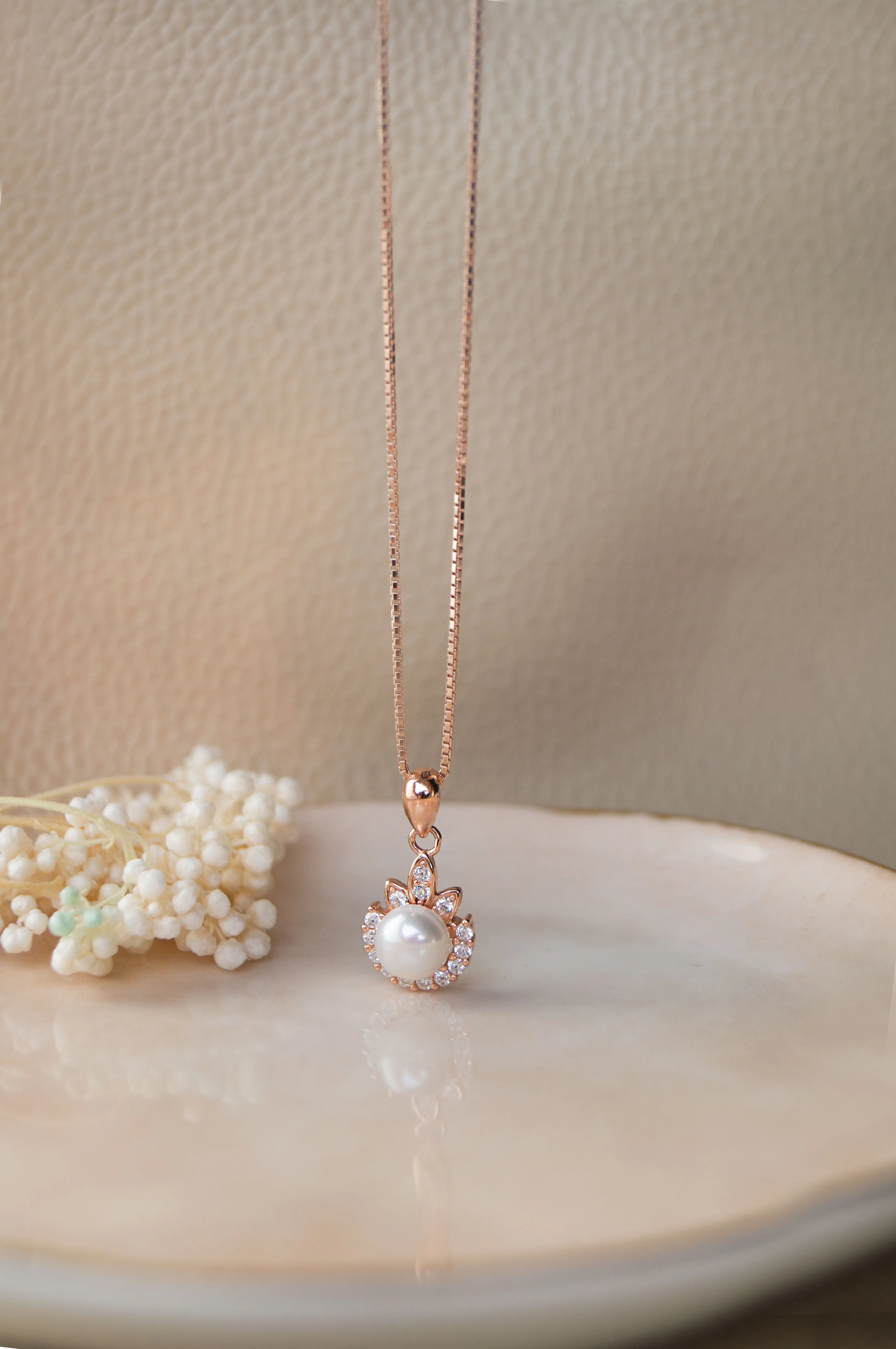 Pearly Dewdrop Rose Gold Plated Sterling Silver Pendant Set