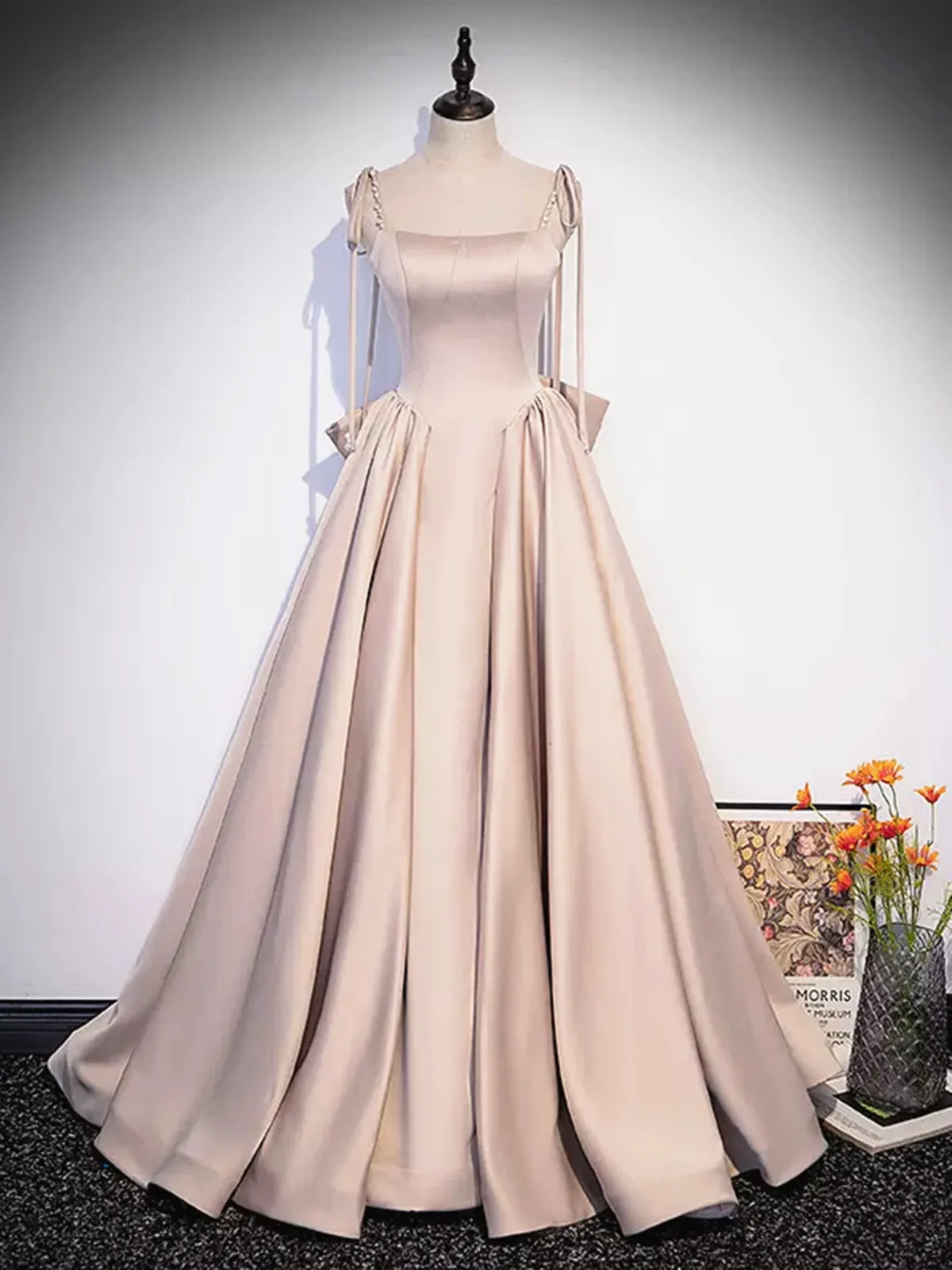 Pink Satin Long Prom Dresses, Pink Long Satin Formal Evening Dresses