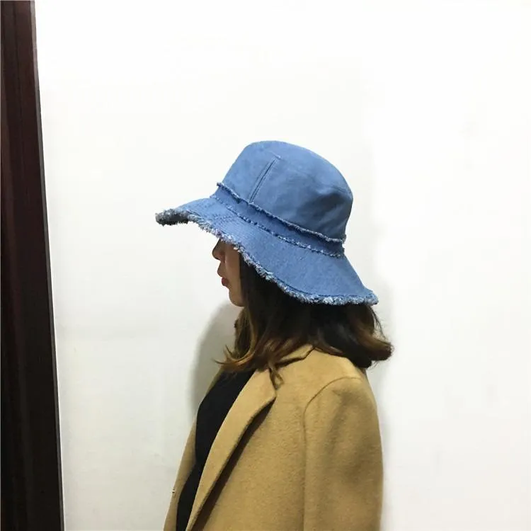 Women Denim Old Shabby Sunshade Bucket Hat Outdoor Sunscreen Big Visor Hat Floppy Hat