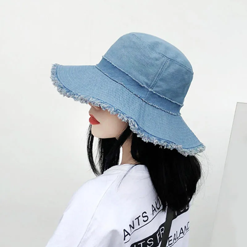 Women Denim Old Shabby Sunshade Bucket Hat Outdoor Sunscreen Big Visor Hat Floppy Hat