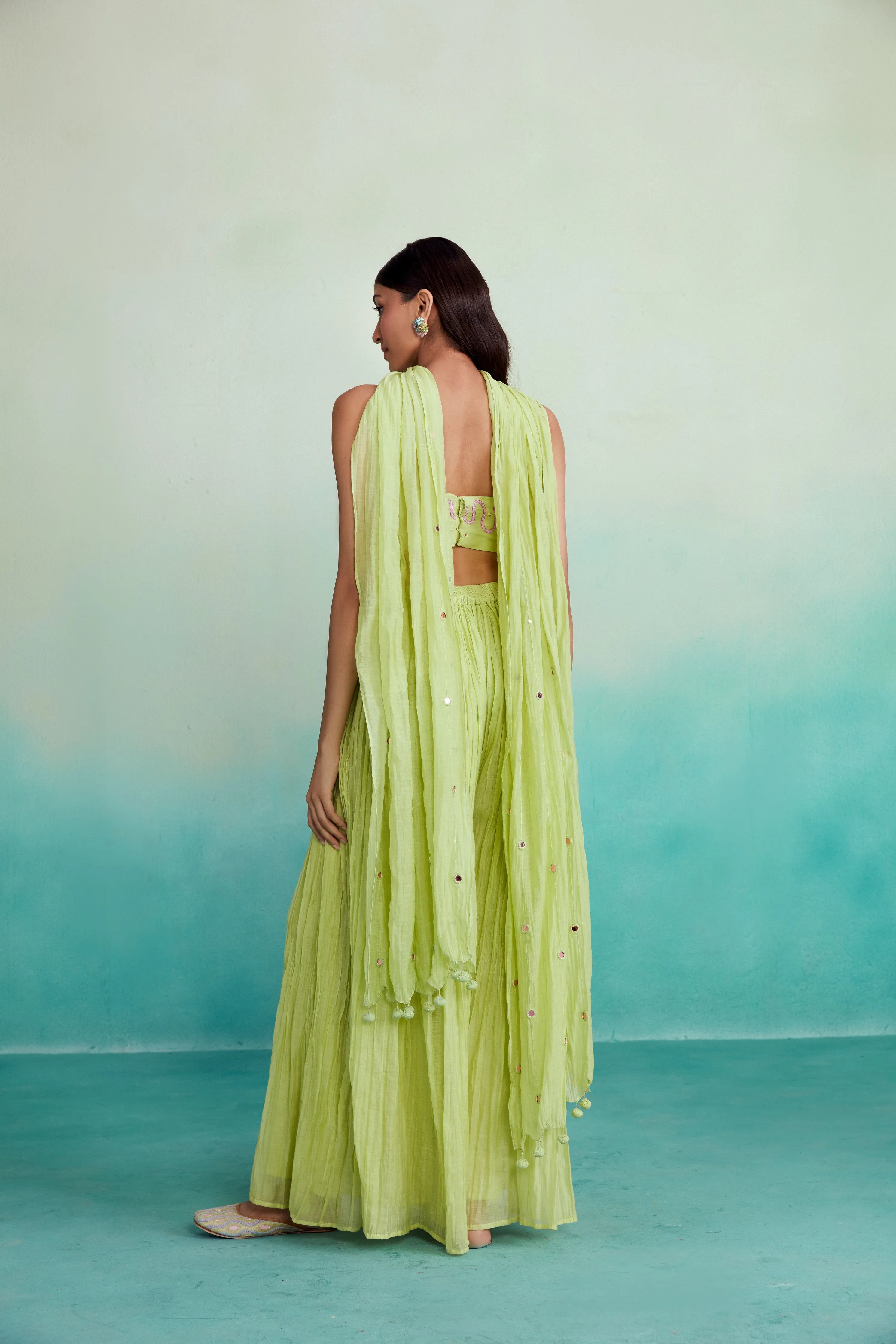 Zing sharara set - Lime Hand embroidered Crop top Sharara & Dupatta set